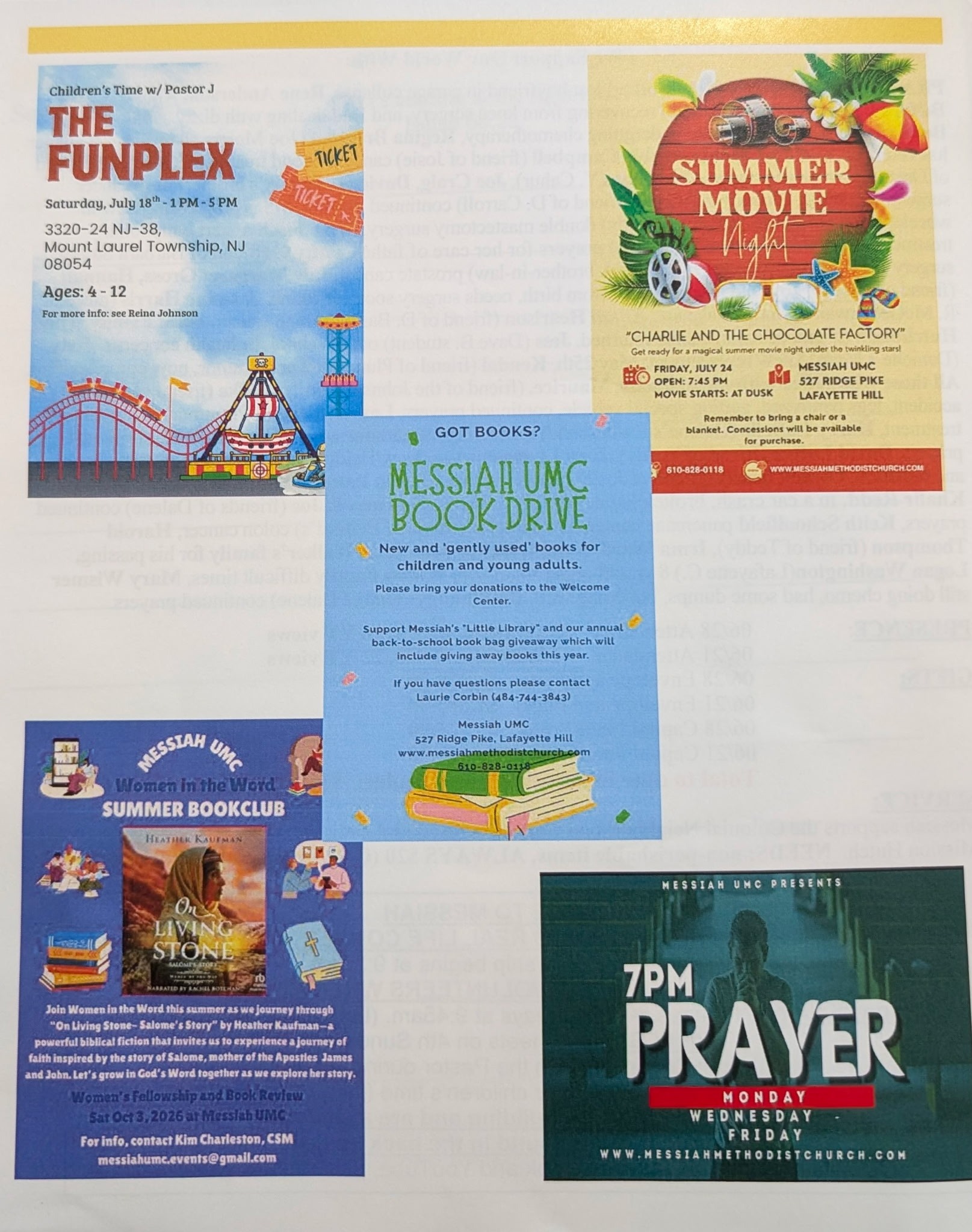 Messiah UMC announcement flyers: The Funplex, Summer Movie Night, Book Drive, Women in the Word Book Club, and Prayer schedule